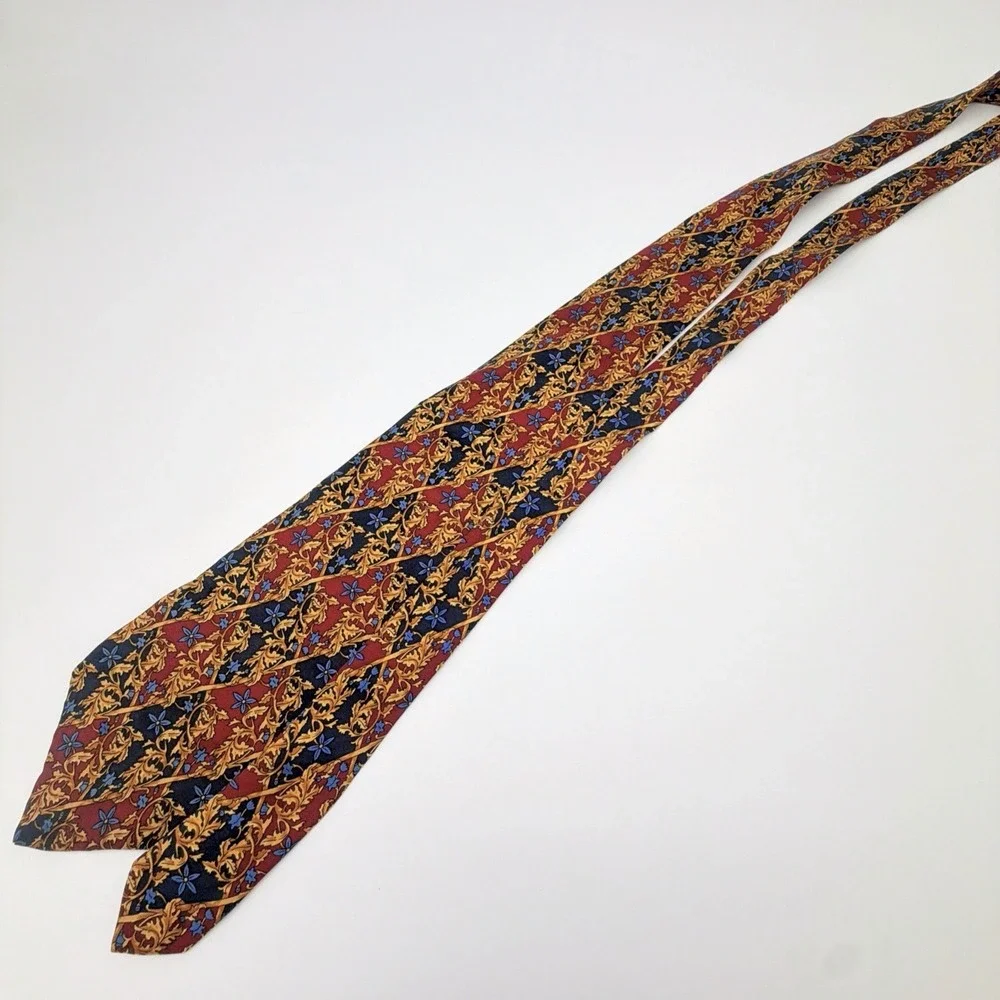 Pierre Balmain Paris Silk Tie Ornate Floral Pattern Gold Navy Burgundy
